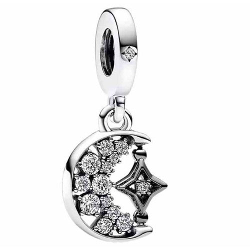 Charm Luna y Estrella Brillante Plateado