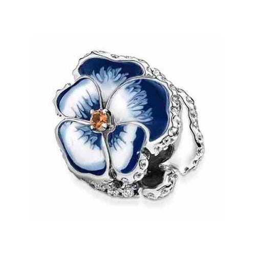 Charm Flor Pensamiento Azul y Blanco con Diamantes