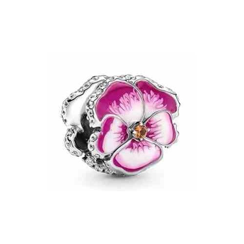 Charm Flor Pensamiento Abalorio Plata y Esmalte Rosa