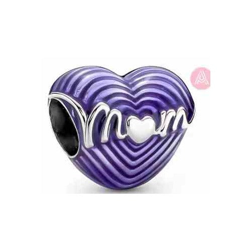 Charm Corazón "Mom" Morado con Detalles Plateados