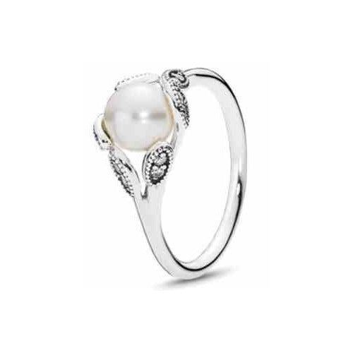 Anillo de Plata con Perla y Detalles Florales