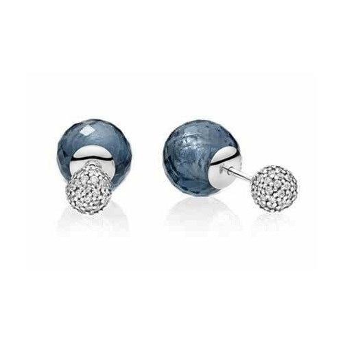 Aretes Doble Esfera Brillante y Piedra Azul