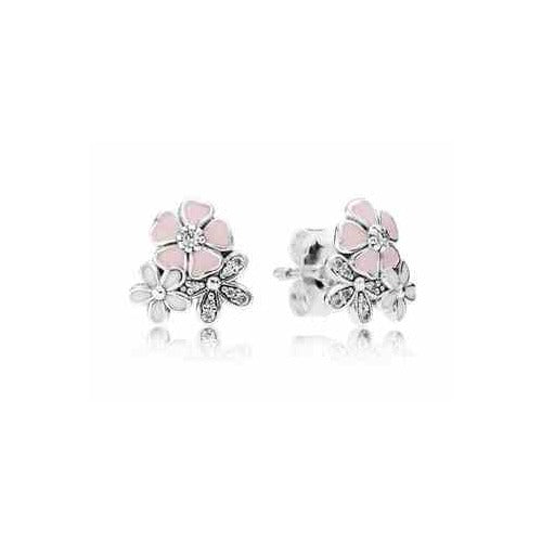 Aretes Flores Rosas y Plateadas con Cristales