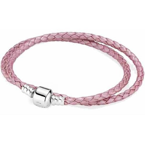 Pulsera Trenzada de Cuero Rosa con Broche Plateado