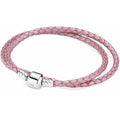 Pulsera Trenzada de Cuero Rosa con Broche Plateado