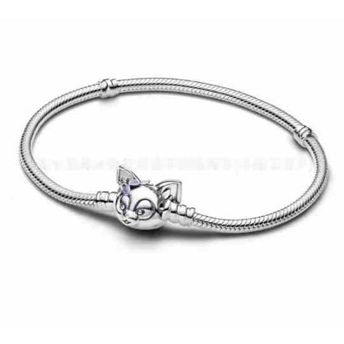 Pulsera de Plata con Dijes de Gato y Lazo Morado