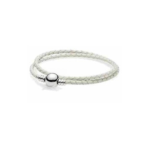 Pulsera de cuero blanco con cierre de bola plateada