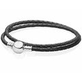 Pulsera Doble de Cuero Negro con Broche Plateado
